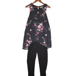 EMMA & MICHELE Jumpsuit Dress Black Pink Floral Tulip Bodice Sheer Overlay Small